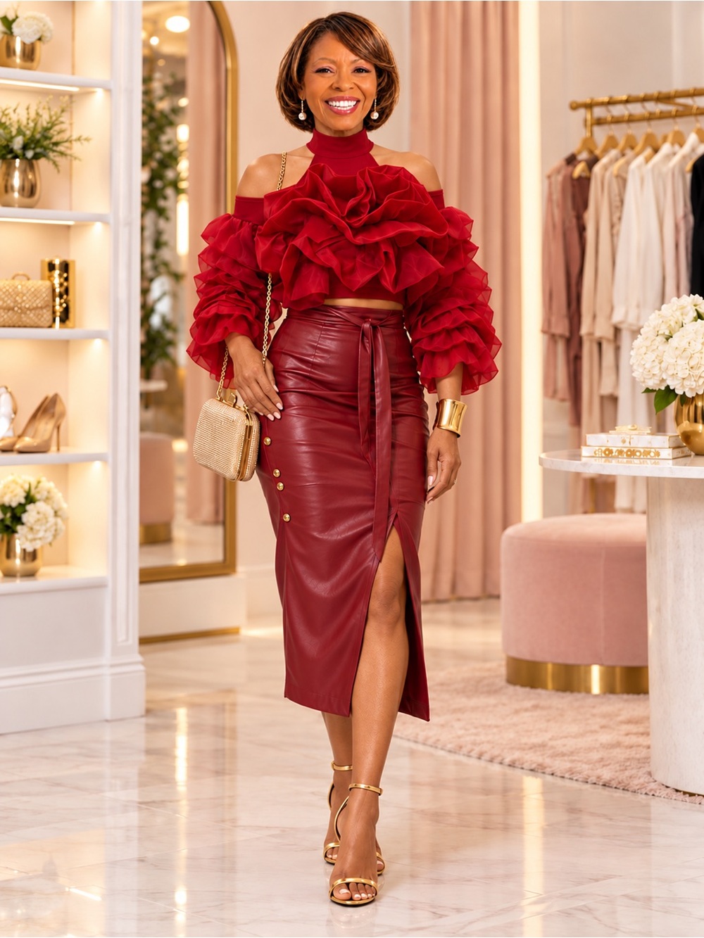 Plus Size Red Cold Shoulder Ruffle Crop Top – Mock Neck Organza Statement Blouse